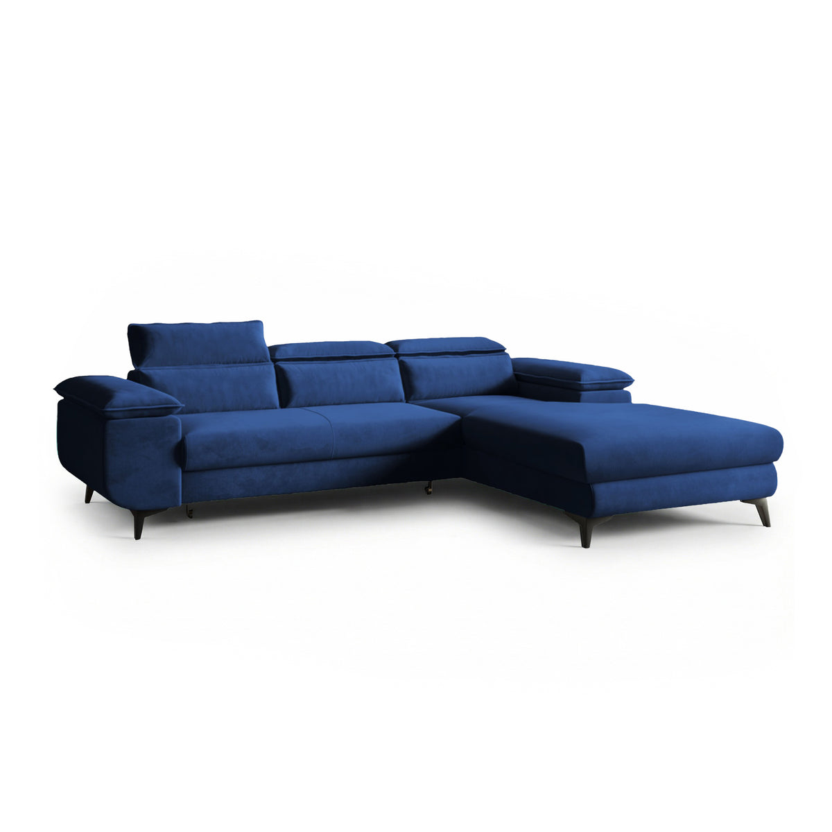 Canapé d'angle Bessi 276x205, version droite, Encre Marine (MONOLITH 77), avec appuie-têtes – canapé d'angle avec fonction couchage