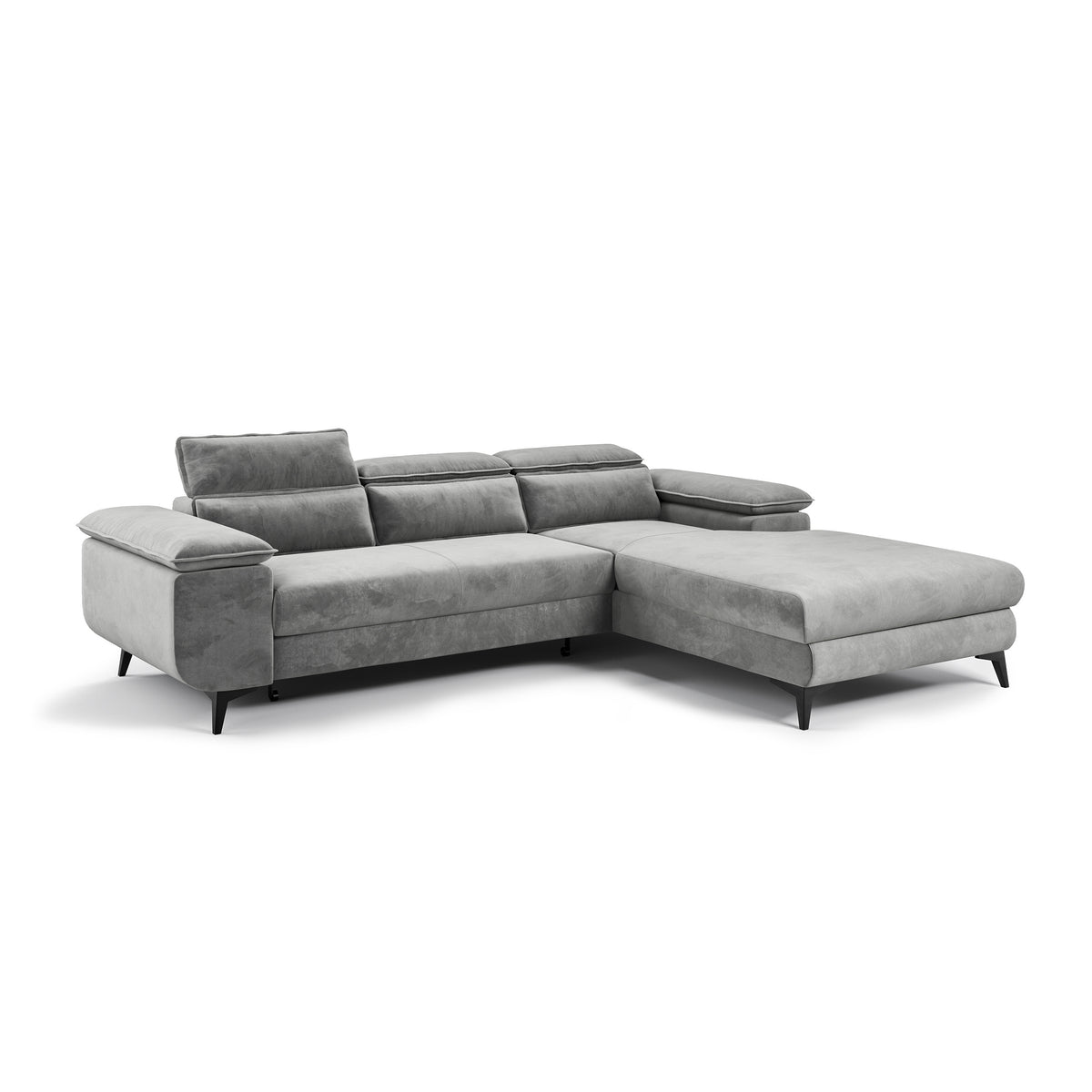 Canapé d'angle Bessi 276x205, version droite, Brume Grise (MONOLITH 84) – chaise longue à droite, vue de trois quarts