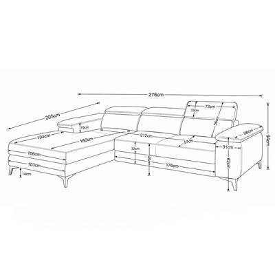 Canapé d'angle Bessi 276x205 – plan coté avec la largeur, la hauteur, la chaise longue et les appuie-têtes