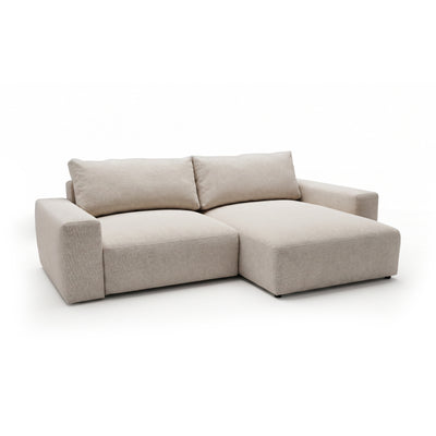 Canapé d'angle modulable Iskeli Taupe Crème (ARAGON 03), version droite, vue de trois quarts – canapé d'angle avec coffre de rangement pour la literie