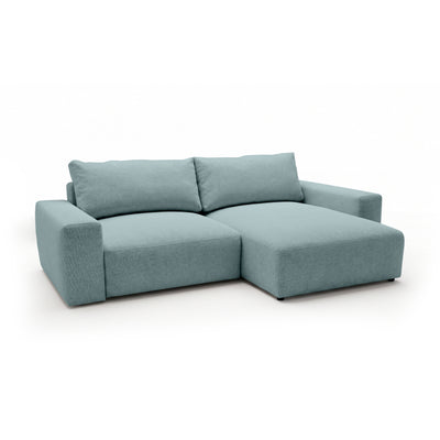 Canapé d'angle modulable Iskeli Lazur Glacé (ARAGON 70), version droite, vue de trois quarts – canapé d'angle avec pouf en tissu Aragon