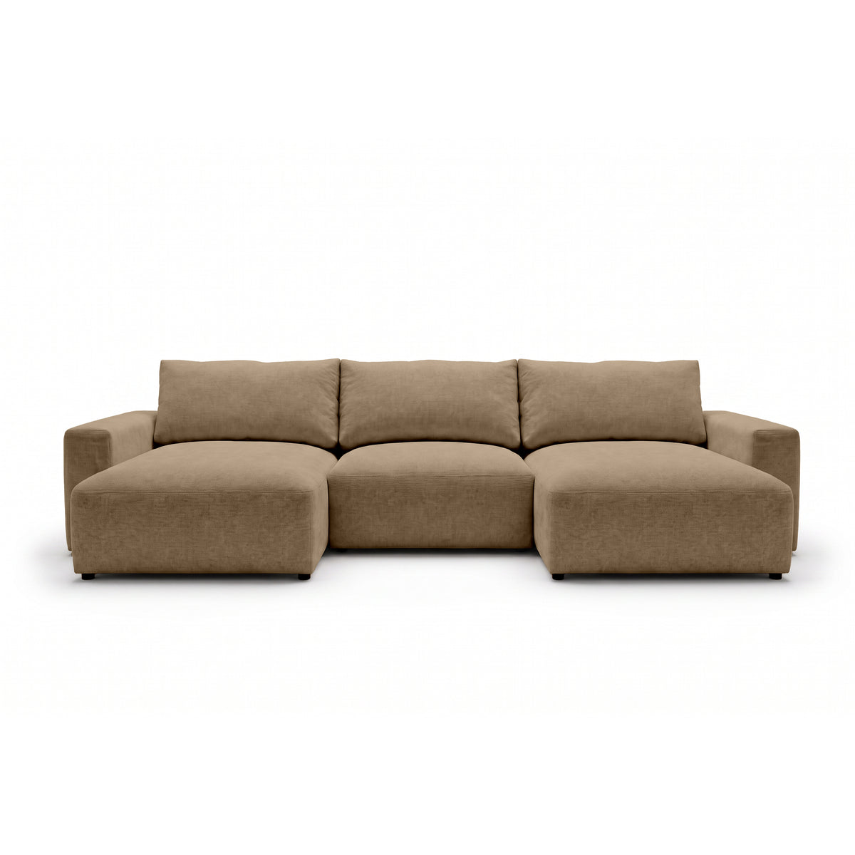 Modulaire hoekbank U Iskeli 361 cm Notenbeige (ARAGON 14), vooraanzicht – hoekbank met twee chaise longues in Aragon-stof