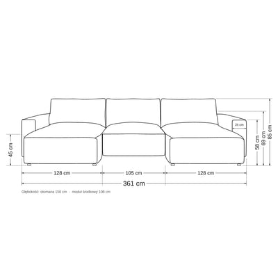 Modulaire hoekbank U Iskeli – maatschets met breedte van chaise longues en middenmodule, diepte en hoogtes