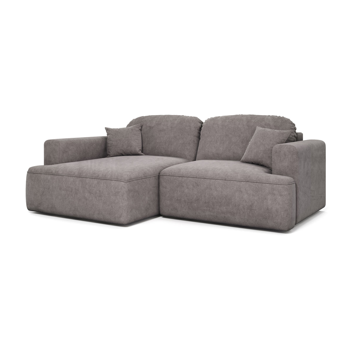 Canapé d'angle Senvali 240 cm Pourpre Atténué (CLOUD 82), version gauche – canapé d'angle avec coussins décoratifs, vue de trois quarts