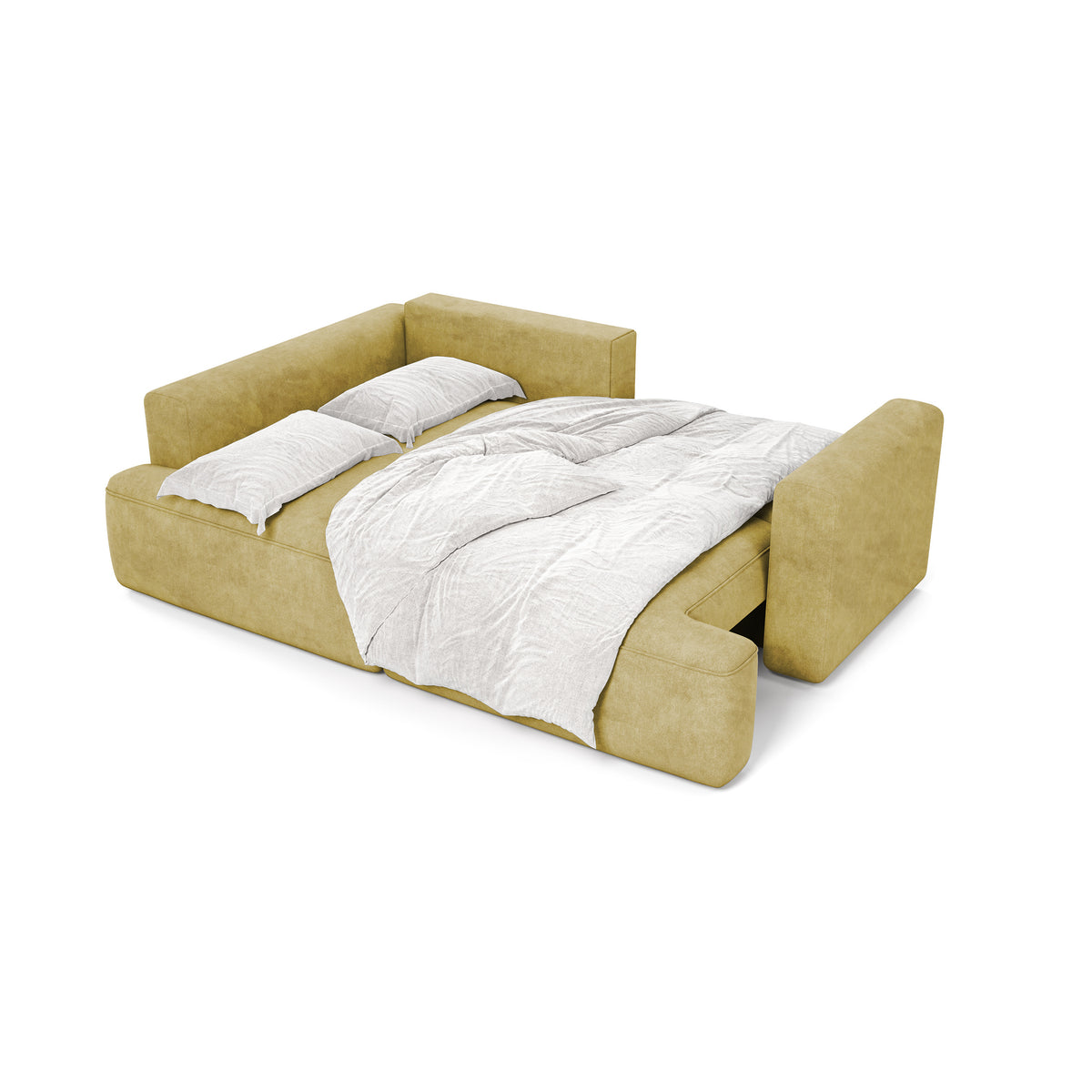 Canapé d'angle Senvali 240 cm Sépia Dorée (CLOUD 32) déplié avec la literie – canapé d'angle pour dormir au quotidien