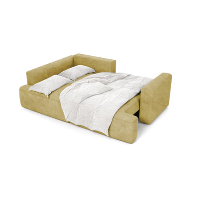 Canapé d'angle Senvali 240 cm Sépia Dorée (CLOUD 32) déplié avec la literie – canapé d'angle pour dormir au quotidien