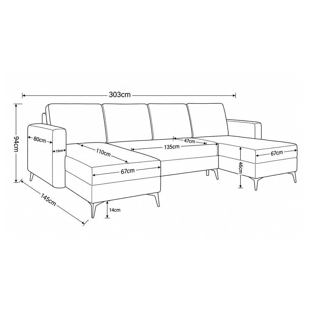 Maatschets van de U-hoekbank Forra: breedte 303 cm, diepte 145 cm, hoogte 94 cm, chaise longues 67 cm