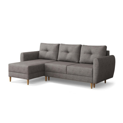 Hoekbank met slaapfunctie Harmi 235 cm Zilveren Mist (SAWANA 05), linkszijdig, gewatteerde kussens en houten poten