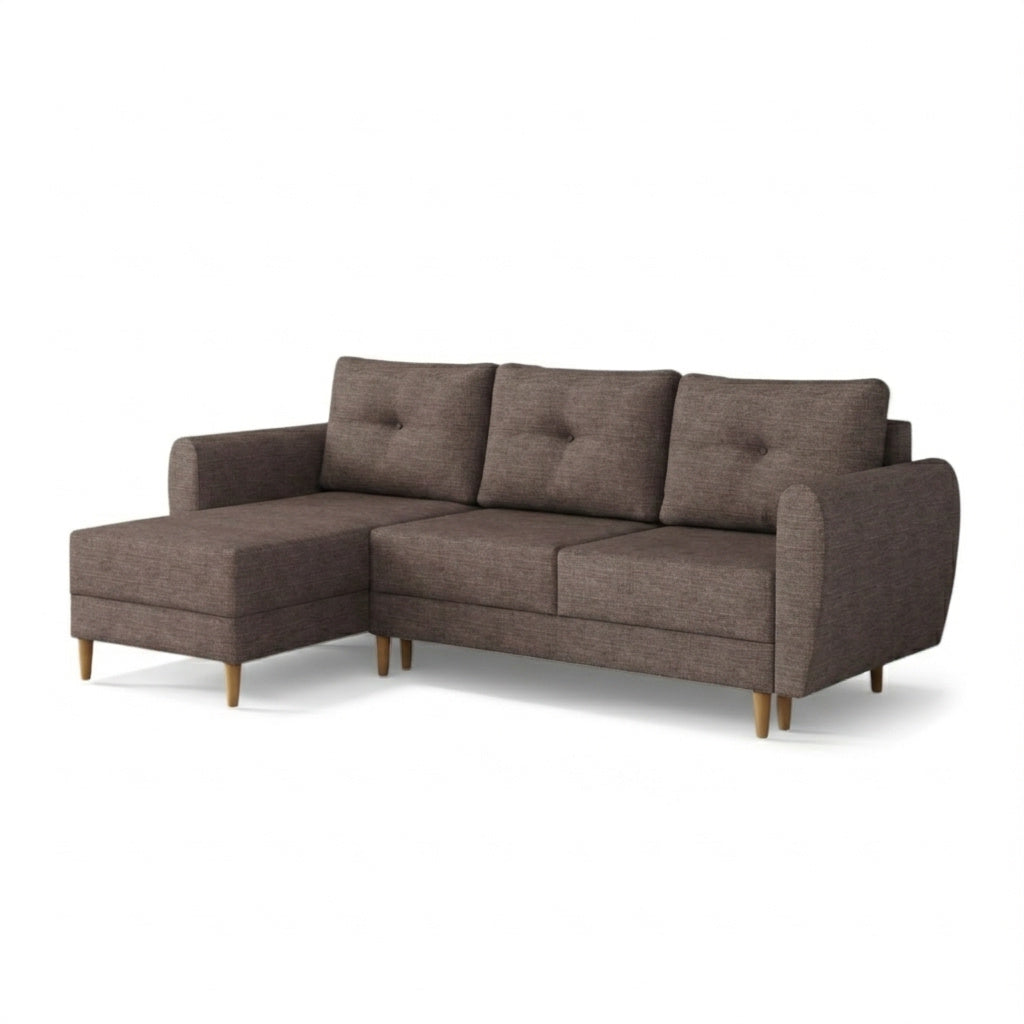 Hoekbank met slaapfunctie Harmi Zandkleurige Taupe (SAWANA 12), linkszijdige versie, Sawana-vlechtweefsel