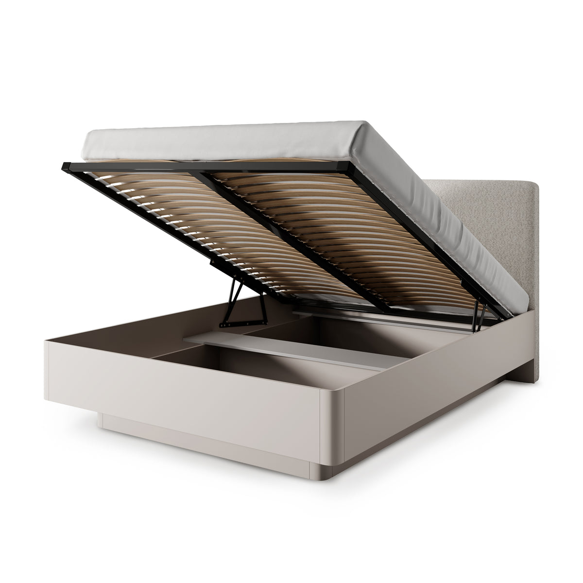 Laanti Upholstered Ottoman Bed with Storage 160x200, Modern Style – with doors open