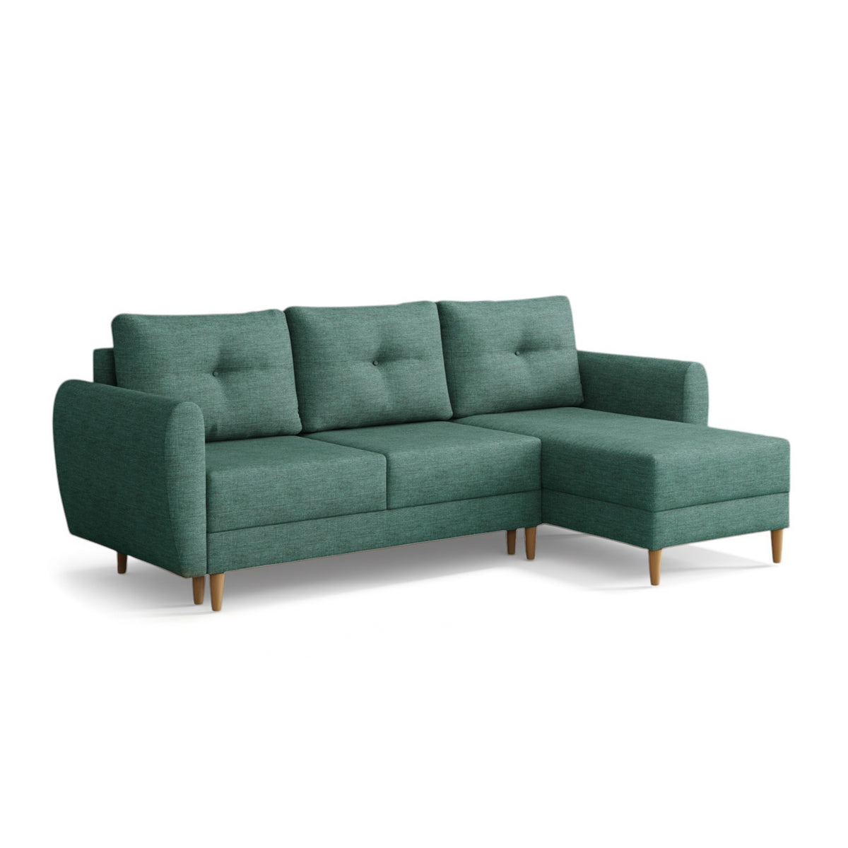 Gestikte Harmi-hoekbank 235 cm Petrolblauw (SAWANA 30), rechtszijdige versie op houten poten