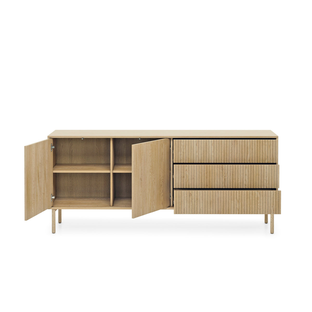 Viola 2-door Sideboard with 3 Drawers 187x80, Japandi Style – with doors open