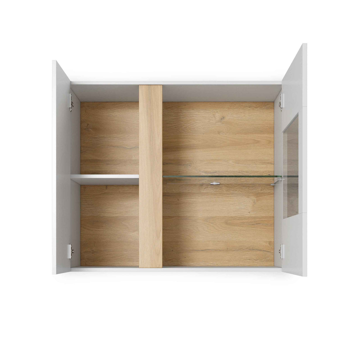 Armelia Wall-mounted Glass Display Cabinet 97x83 cm, Minimalist Style – with doors open