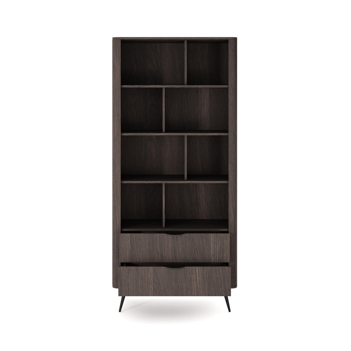 Velia Bookcase 88x194 with Open Shelves and Drawers, Soft Loft Style – with doors open