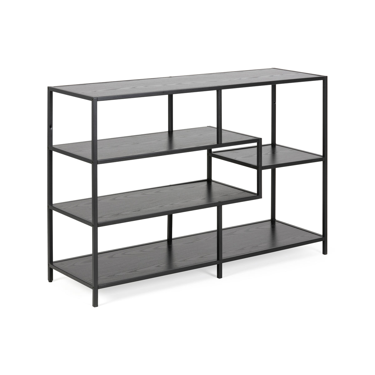 Étagère Skeleto 114 x 78, mélamine noire, vue de profil – étagère noire avec des étagères asymétriques, de style industriel