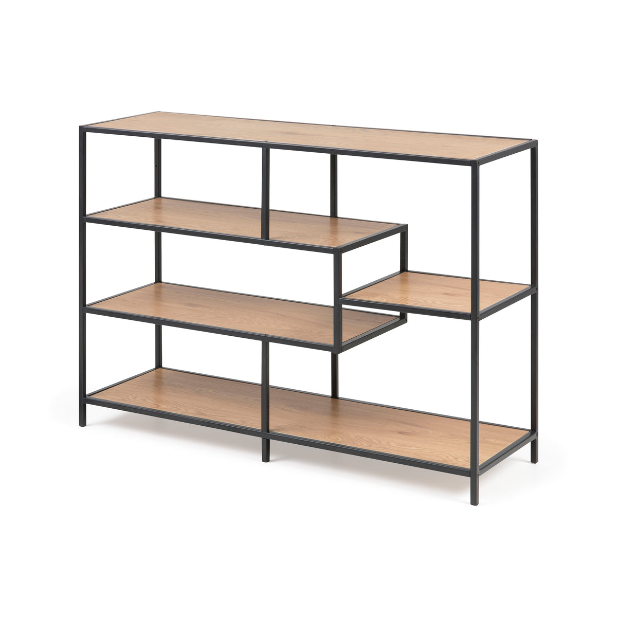 Étagère Skeleto 114 x 78, chêne sauvage, vue de profil – étagère basse avec des étagères asymétriques sur un cadre en acier noir