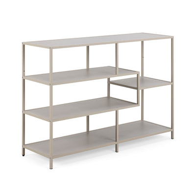 Étagère Skeleto 114 x 78, mélamine grise, vue de profil – étagère ouverte claire sur un cadre en acier gris