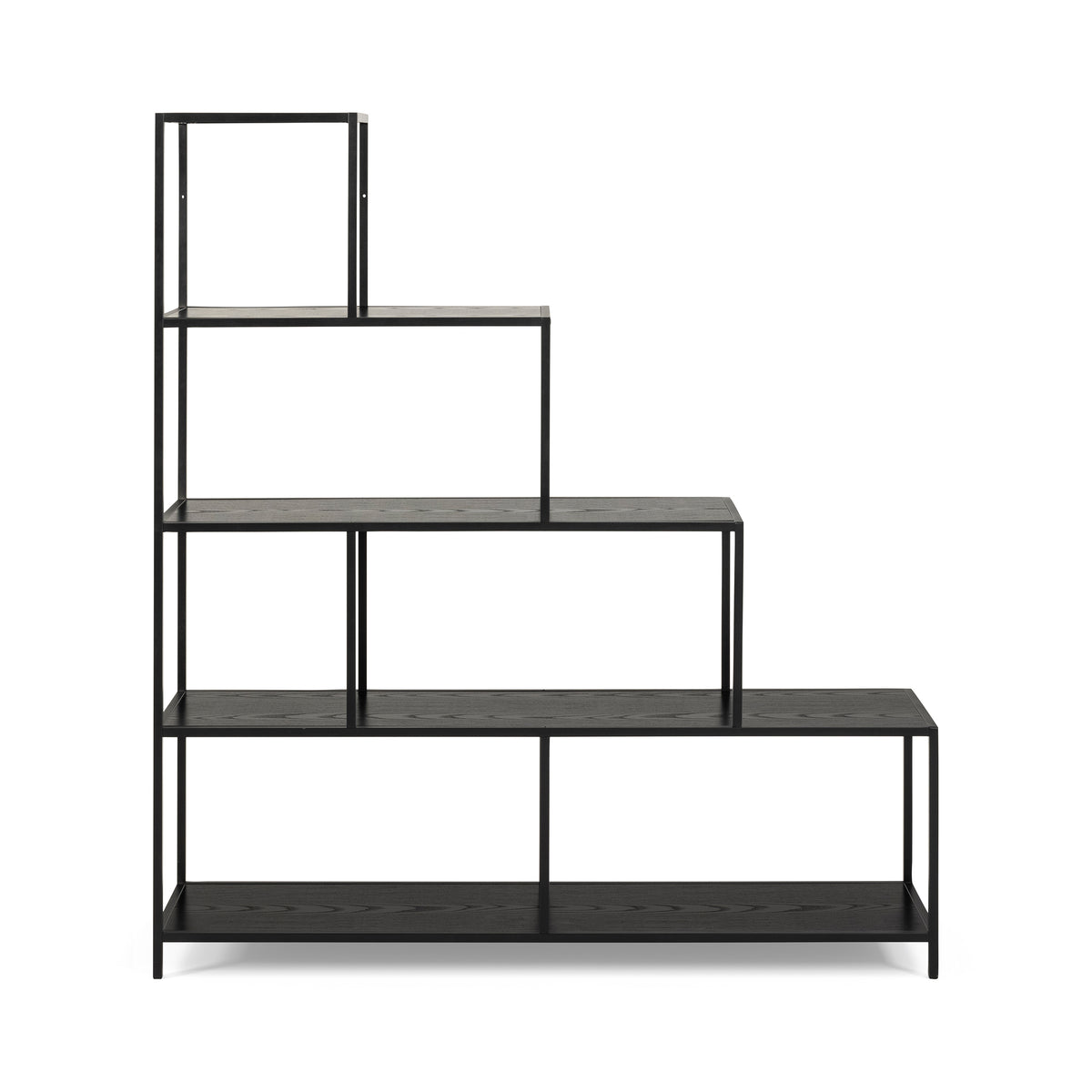 Skeleto-boekenkast 135x150, zwarte melamine, vooraanzicht – planken in de kleur zwart essenhout, boekenkast als scheidingswand