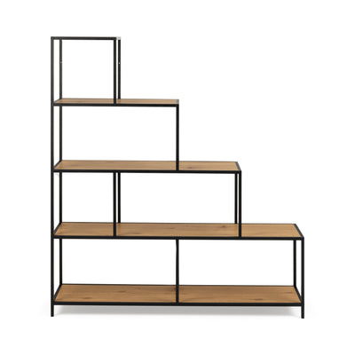 Skeleto-boekenkast 135x150 Wild Eiken, vooraanzicht – vier trapvormige niveaus en zes open vakken