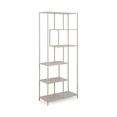 Étagère Skeleto 77 x 185, mélamine grise, vue de profil – étagère claire pour livres sur un cadre gris
