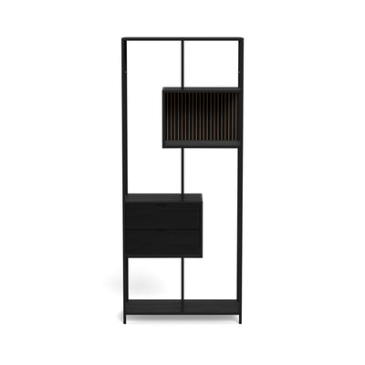 Skeleto-boekenkast 77x185, zwarte melamine – vooraanzicht, zwarte boekenkast met lades in loftstijl