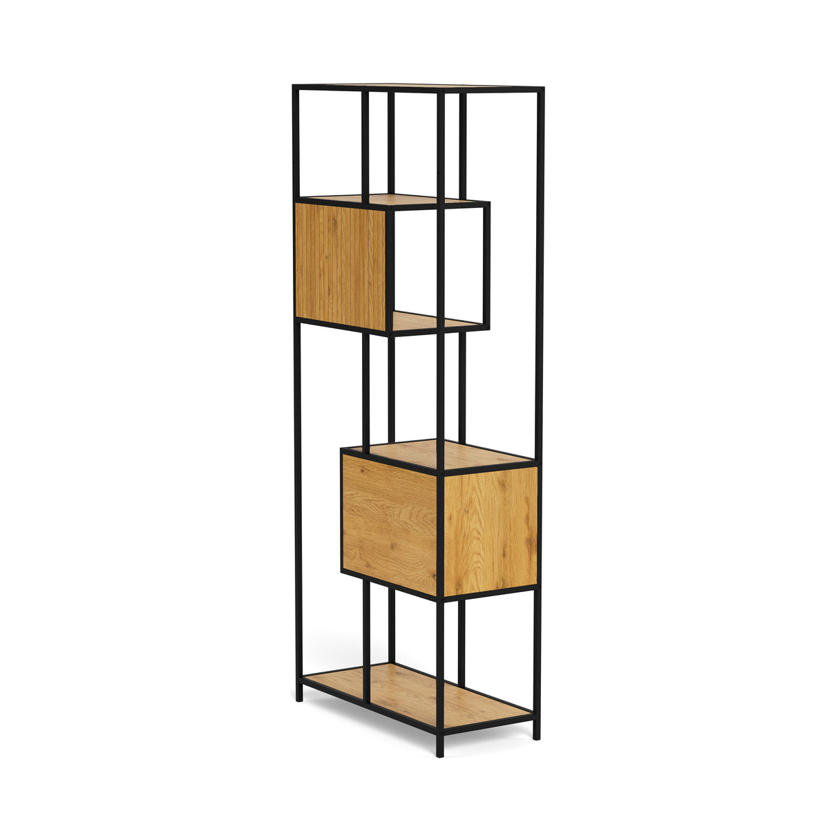 Skeleto-boekenkast 77x185 Wild Eiken – achteraanzicht onder een hoek, boekenkast voor de woonkamer met stalen frame