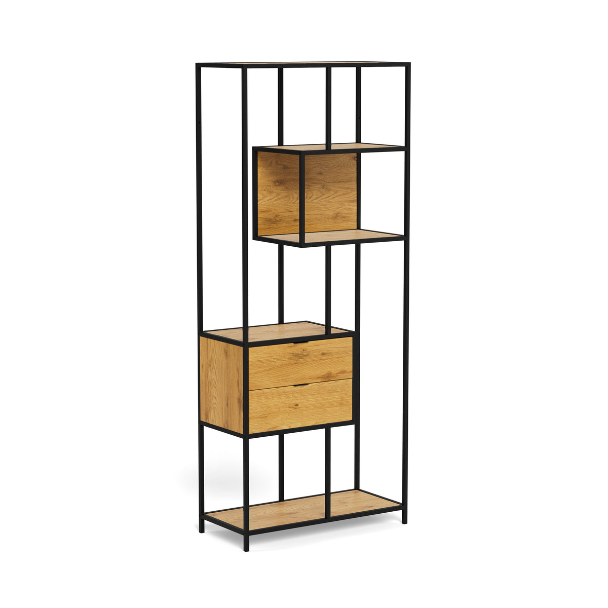 Skeleto-boekenkast 77x185 Wild Eiken – zijaanzicht van het zwarte frame, de nis en twee lades, boekenkast met lades