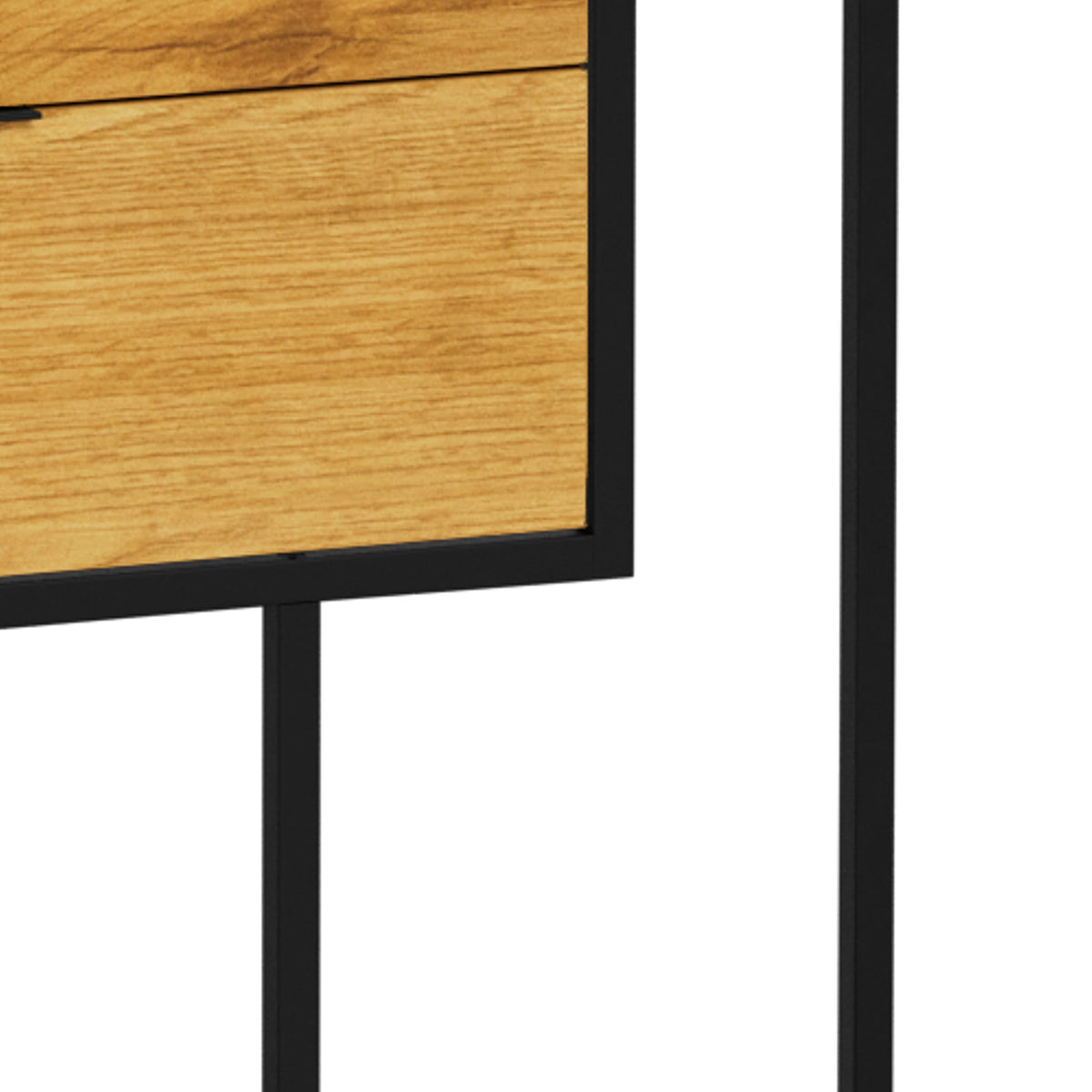 Skeleto-boekenkast 77x185 Wild Eiken – close-up van de voorkant van de lade met handgreep en het zwarte stalen frame