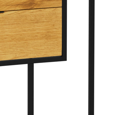 Skeleto-boekenkast 77x185 Wild Eiken – close-up van de voorkant van de lade met handgreep en het zwarte stalen frame