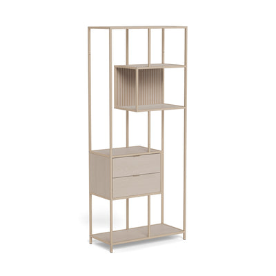 Skeleto-boekenkast 77x185 grijze melamine – schuin aanzicht van het lichte frame, de nis en de twee lades