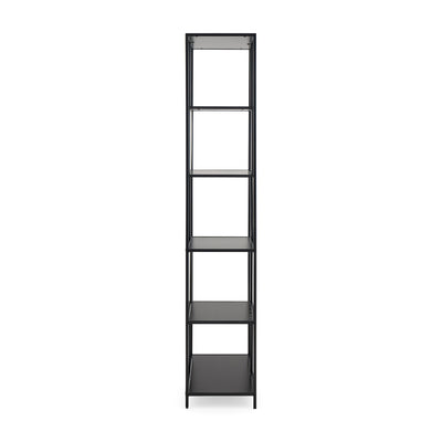 Étagère Skeleto 77 x 185, mélamine noire – vue de profil, profil élancé de 35 cm et pieds en acier