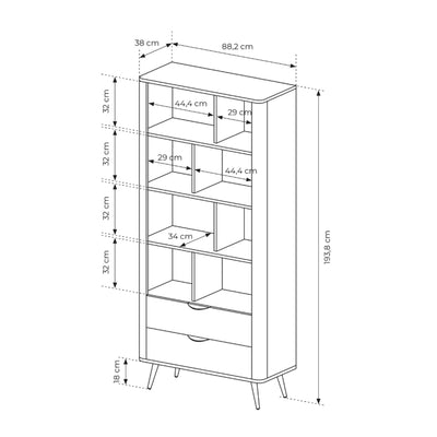Velia Bookcase 88x194 with Open Shelves and Drawers, Soft Loft Style – dimensions drawing