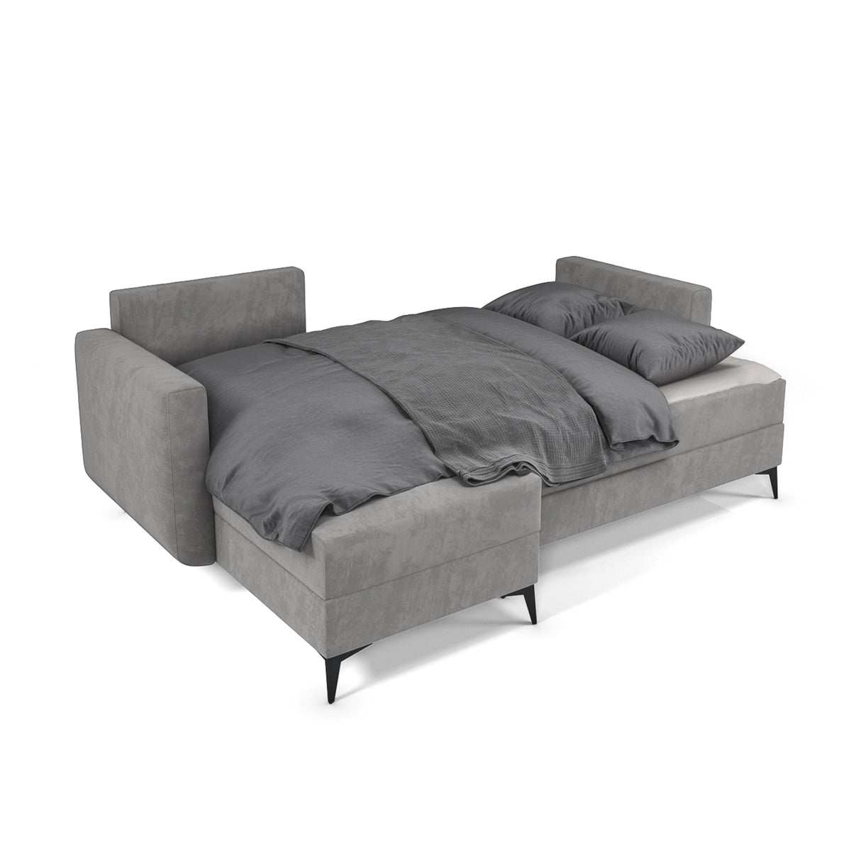 Uitgeklapte Forra-hoekbank Staalgrijs (MANILA 16) – slaapoppervlak 200 × 130 cm met beddengoed, DL-mechanisme