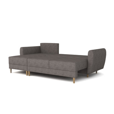Uitgeklapte Harmi-hoekbank Zilveren Mist (SAWANA 05) – slaapoppervlak 200 × 130 cm, DL-mechanisme