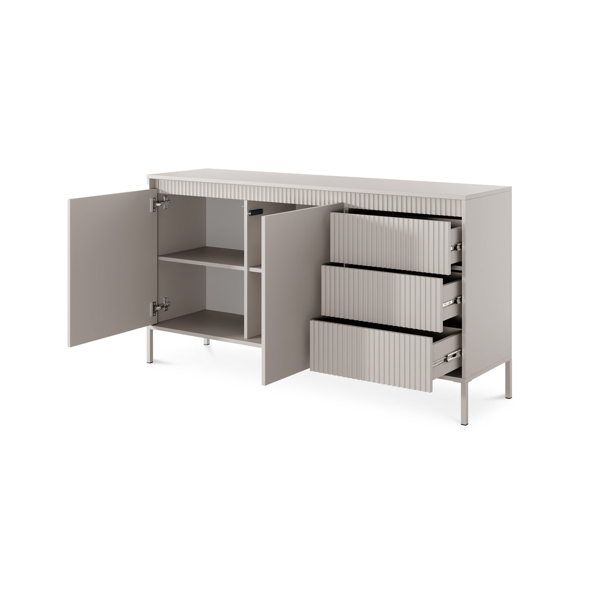 Senra Sideboard with Doors and Drawers 154x81, Japandi Style – with doors open