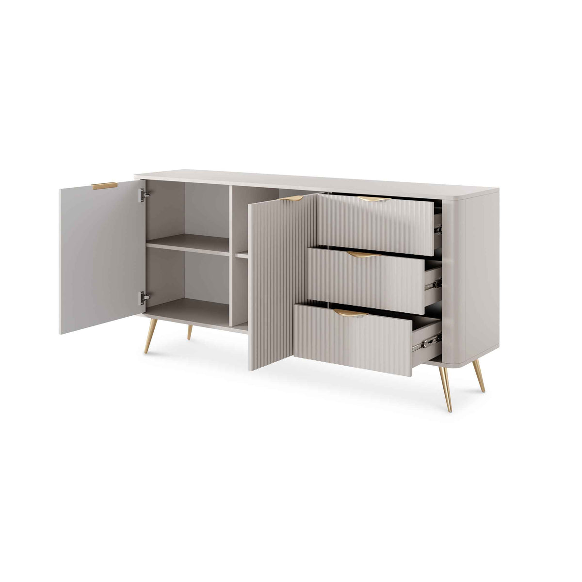 Laanti Sideboard with Drawers and Doors 163x81, Elegant Style – with doors open