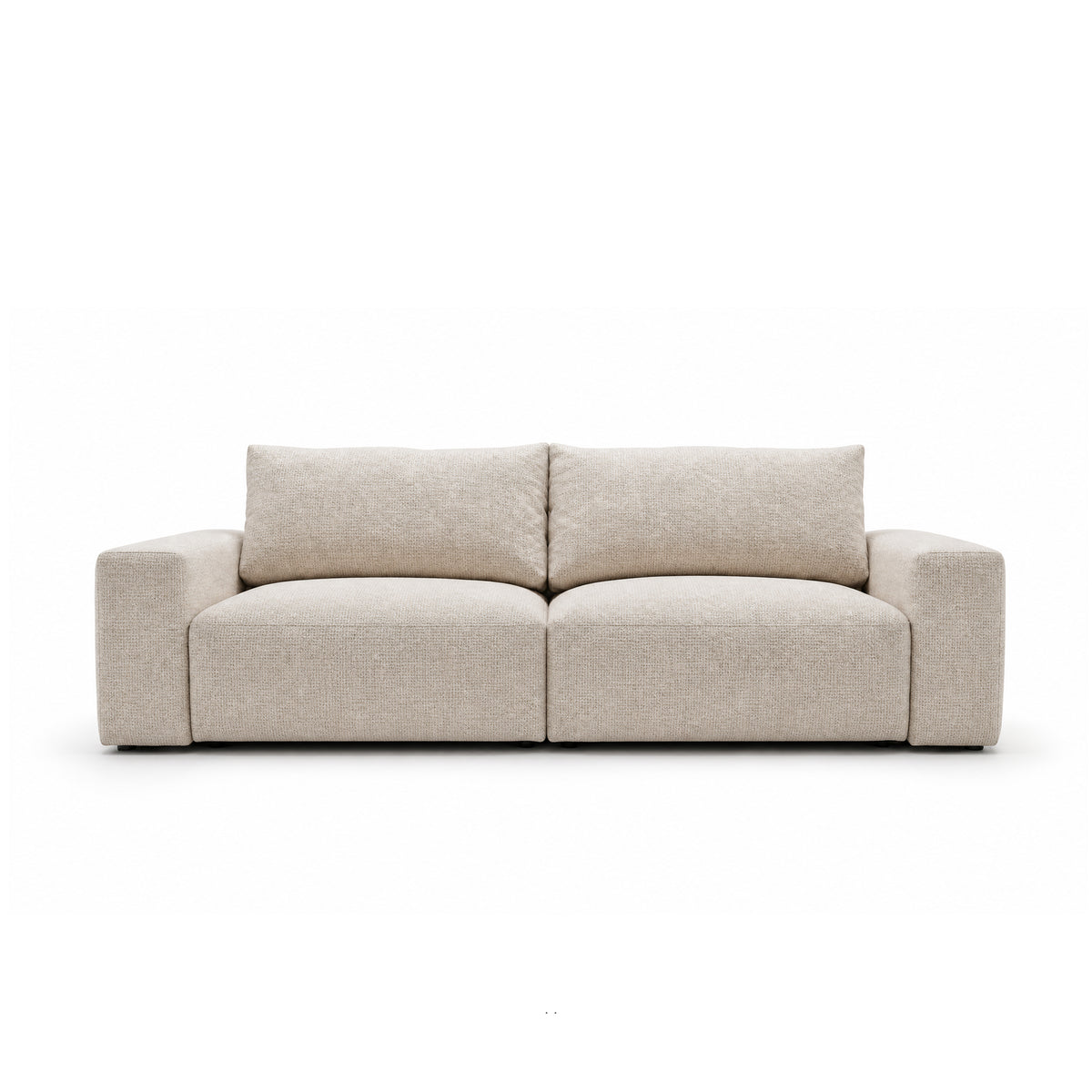 Canapé modulable Iskeli 260 cm Taupe Crème (ARAGON 03), vue de face – deux modules avec accoudoirs et pieds noirs bas