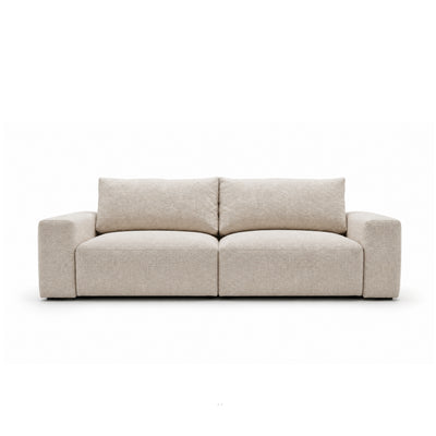 Canapé modulable Iskeli 260 cm Taupe Crème (ARAGON 03), vue de face – deux modules avec accoudoirs et pieds noirs bas