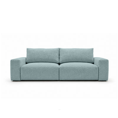 Canapé modulable Iskeli 260 cm Lazur Glacé (ARAGON 70), vue de face – canapé avec coffre de rangement pour la literie, en tissu Aragon