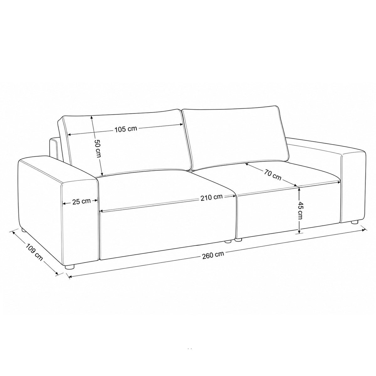 Canapé modulable Iskeli 260 cm – plan coté indiquant la largeur, la profondeur, l'assise et les coussins de dossier