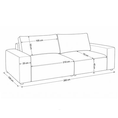 Canapé modulable Iskeli 260 cm – plan coté indiquant la largeur, la profondeur, l'assise et les coussins de dossier