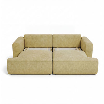 Senvali-bank 241 cm Gouden Sepia (CLOUD 32) met geopende opbergruimte voor beddengoed – twee vakken onder de zitting