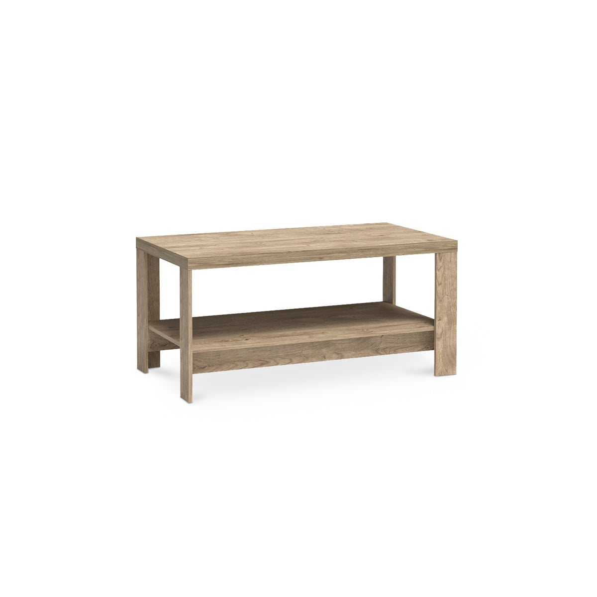 Table basse Korin 120x57 coloris chêne – table basse rectangulaire avec tablette inférieure, vue de biais