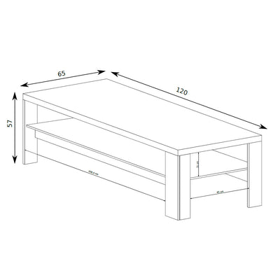 Table basse Korin 120x57 – schéma des dimensions avec largeur, hauteur et profondeur