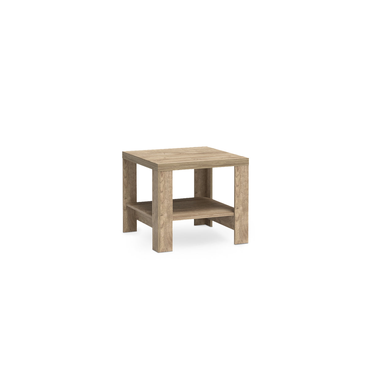 Table basse Korin 65x57 coloris chêne – table basse carrée avec tablette inférieure sur 4 pieds, vue de biais