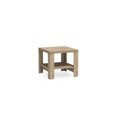 Table basse Korin 65x57 coloris chêne – table basse carrée avec tablette inférieure sur 4 pieds, vue de biais