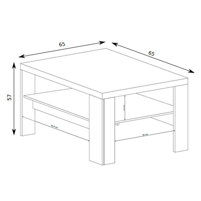 Table basse Korin 65x57 – schéma des dimensions avec largeur, hauteur et profondeur