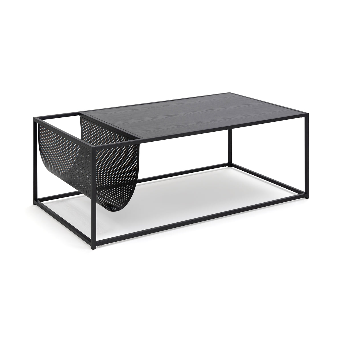 Table basse Skeleto 110 x 60 avec plateau au décor frêne noir, vue de profil – table de salon avec compartiment à journaux