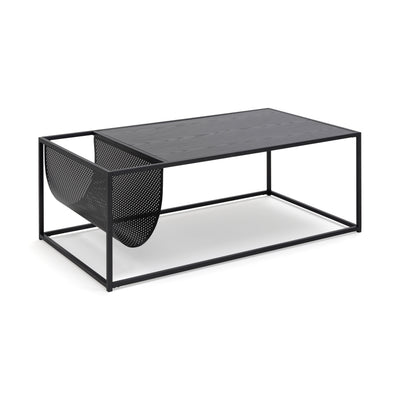Table basse Skeleto 110 x 60 avec plateau au décor frêne noir, vue de profil – table de salon avec compartiment à journaux