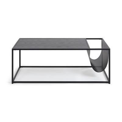 Table basse Skeleto 110 x 60, vue de face – structure en acier noir et compartiment perforé pour les magazines